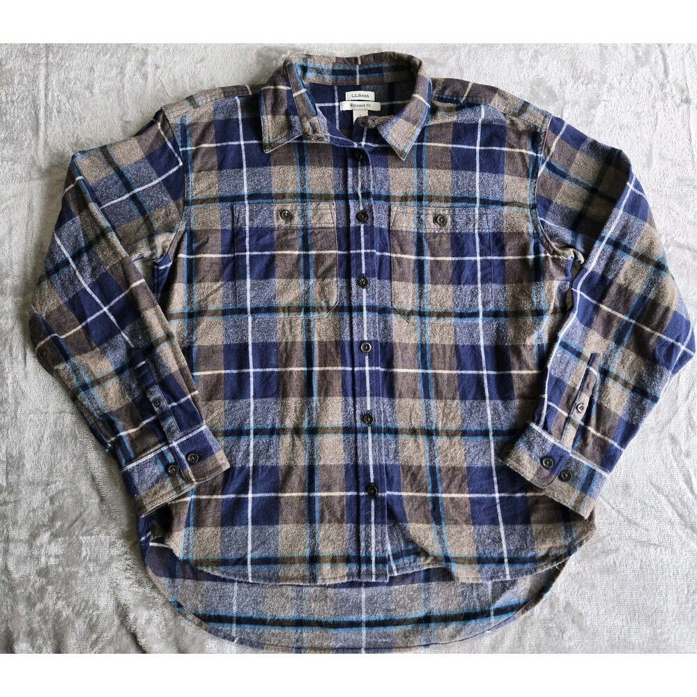 Vintage LL Bean Flannel Shirt Mens Small Blue Grey Plaid Pockets 100% Cotton Sm